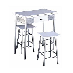 Barový set, stôl + 2 stoličky, biela/strieborná, HOMER